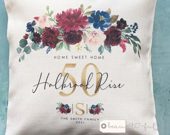 Personalised Home Sweet Home Address New Home Housewarming Burgundy Navy Design Home Quote Linen Style Cushion cover