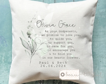Personalised Christening Baptism Gift Promise to Godchild Godson Goddaughter Gift Greenery Linen Style Cushion Baptism Godparent Godmother