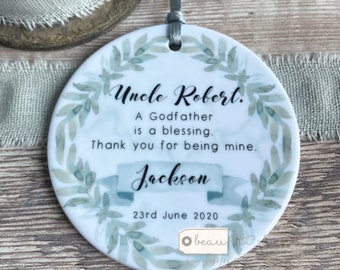 Personalised Thank you Godmother Godfather Godparents Gift Christening Baptism Quote Greenery Ceramic or Acrylic Round Ornament Keepsake