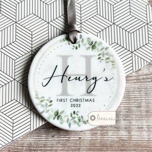 Personalised First Christmas Baby Baby’s Boy Girl Newborn Greenery leaf Design Ceramic or Acrylic Round Ornament Keepsake