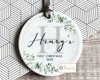 Personalised First Christmas Baby Baby’s Boy Girl Newborn Greenery leaf Design Ceramic or Acrylic Round Ornament Keepsake