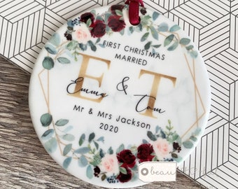 Personalised First Christmas Married Wedding Gift Mr Mrs Newlywed Burgundy Greenery Design Ceramic or Acrylic Round Ornament Keepsake