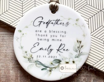 Personalised Thank you Godmother Godfather Godparents Christening Baptism  White Floral greenery Ceramic or Acrylic Round Ornament Keepsake