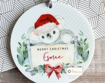 Personalised Merry Christmas Koala Santa hat Signpost Design Acrylic Round Ornament Keepsake Tree Decoration Child boy girl gift
