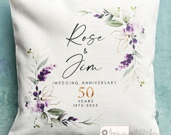 Personalised Wedding anniversary 25th 50th 1st 40th 10th Home Purple Lavender floral Eucalyptus Design Home Quote Linen Style Cushion cover