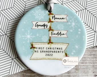 Personalised First Christmas as Grandparents Gran Grandma Nanna New Baby Snowflake Signpost Ceramic or Acrylic Round Ornament Keepsake