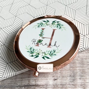 Personalised Name and Initial Botanical Floral Round Rose Gold Compact Pocket Mirror Keepsake Gift for her Pretty Friend Bridesmaid gift