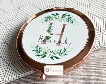 Personalised Name and Initial Botanical Floral Round Rose Gold Compact Pocket Mirror Keepsake Gift for her Pretty Friend Bridesmaid gift