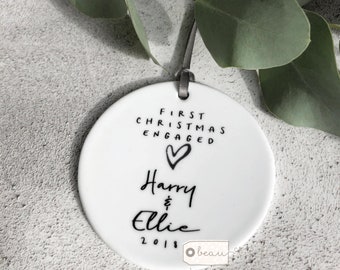 Personalised First Christmas Engaged Together Monochrome heart Design Ceramic Round Ornament Keepsake