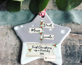Personalised First Christmas as a family Signpost Design Nordic Style Ceramic or Acrylic Round or Star Ornament Keepsake
