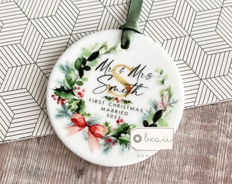 Personalised First Christmas Married Wedding gift Mr Mrs Newlywed Bow wreath Greenery Design Ceramic or Acrylic Round Ornament Keepsake