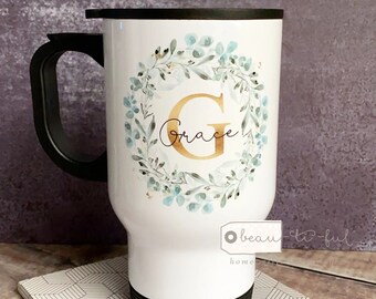 Personalised Name and Initial Eucalyptus Wreath Greenery Design Travel Mug - hot drink mug - cup
