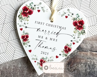 Personalised First 1st Christmas gift Just Married Gift Mr & Mrs Wedding Gift Newlyweds Greenery Heart Decoration Ornament Keepsake