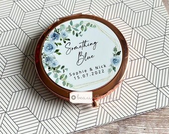 Personalised Something blue..   Quote pale  Blue bouquet Floral Geometric Compact Pocket Mirror Wedding Keepsake