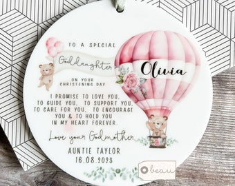 Personalised Promise to Godchild Christening Baptism Gift Baby Goddaughter Girl Teddy Bear Balloon Ceramic or acrylic Ornament Keepsake
