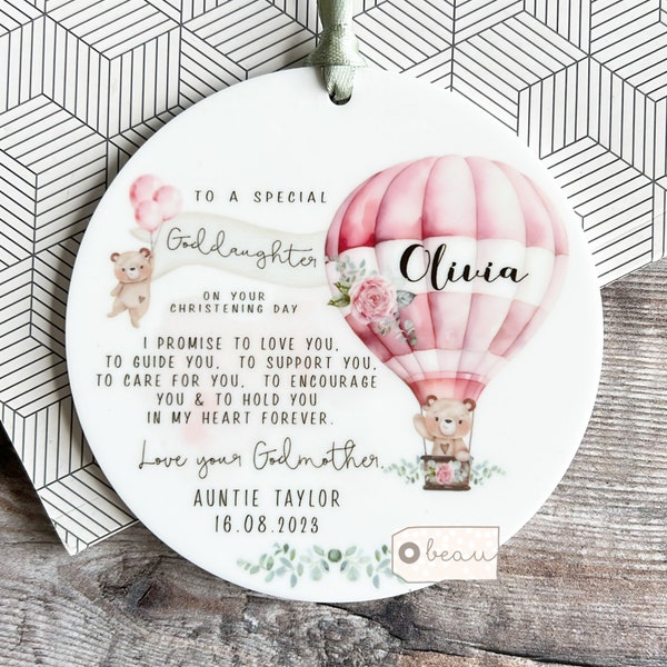 Personalised Promise to Godchild Christening Baptism Gift Baby Goddaughter Girl Teddy Bear Balloon Ceramic or acrylic Ornament Keepsake