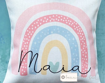 Personalised Name Bright Pastel Rainbow Design Home Quote Boho Linen Style Cushion cover