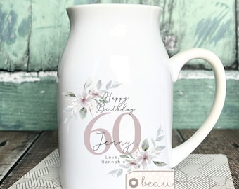 Personalised Birthday gift Special Birthday Milestone 21 30 40 50 60 70 Any age gift Dusky pink Floral Ceramic Small Vase Jug Mug gift