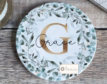 Personalised Name and initial Eucalyptus Wreath Greenery Ceramic Coaster Name gift Friend gift Home gift