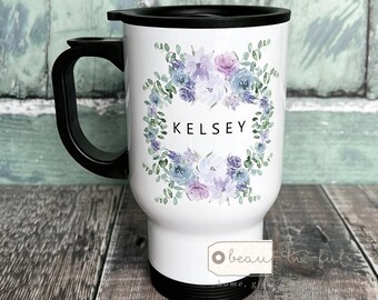 Personalised Name Lilac Purple Floral Travel Mug