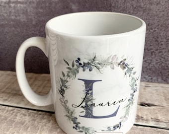 Personalised Name and initial Blue winter white floral Ceramic Mug - Tea mug - coffee Mug - Gift mug