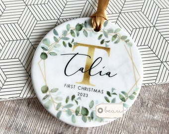 Personalised First Christmas gift Baby Boy Girl Geometric Greenery leaf Design Ceramic or Acrylic Round Ornament Keepsake