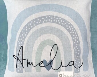 Personalised Name Pale Blues Pastel Rainbow Design Home Quote Boho Linen Style Cushion cover