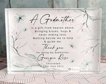 Personalised Godparents Thank you Gift Godmother Godfather Christening Baptism Gift Butterfly floral Greenery Design block Keepsake