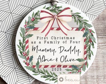 Personalised 1st First Christmas as family of 3 4 5 6  Christmas gifts Mummy Daddy New family gift Baby Greenery Bauble Ornament Keepsake