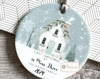 Personalised First Christmas gift at Address in New Home House New home gift Design Acrylic or Ceramic Round Ornament Keepsake