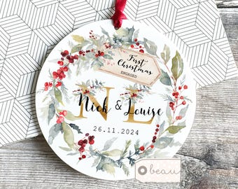 Personalised First Christmas Engaged ornament Together Engagement gift Engaged Anniversary gift wreath Greenery Ornament Keepsake