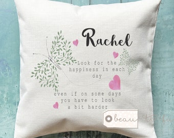 Personalised Inspirational Motivational gift Look for the happiness Positive Quote Butterfly linen style cushion Friendship Home gift