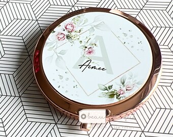 Personalised Name and initial Pink Roses Greenery Round Rose Gold Silver Compact Pocket Mirror Keepsake Bridesmaid Gift