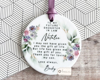 Personalised Future Daughter in law Purple Blush Greenery Geometric  Ceramic Round Decoration Ornament Keepsake
