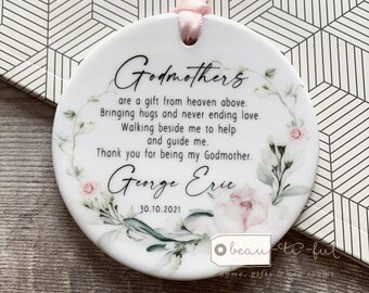 Personalised Thank you Godmother Godfather Godparents Christening Baptism Quote Pink Floral greenery Design Ceramic Round Ornament Keepsake