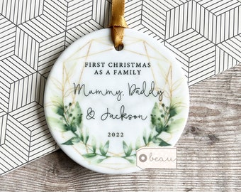 Personalised First Christmas as a family Mummy Daddy Mammy Mommy New Baby Botanical Greenery Ceramic or acrylic Round Ornament Keepsake