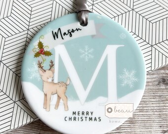 Personalised Name Merry Christmas Gift Boy Girl Deer Snowflake Design Ceramic Round Ornament Tree Keepsake