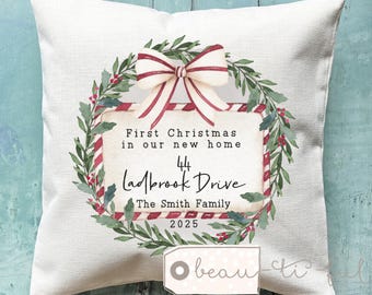 Personalised First Christmas New Home Gift Housewarming New house gift Greenery Wreath Home Quote Linen Style Cushion