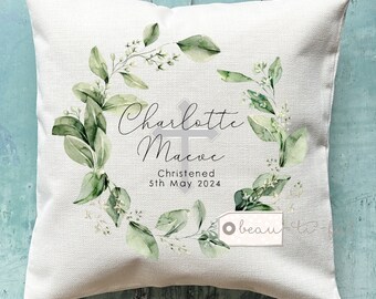 Personalised Christening Baptism Naming day Dedication Communion Greenery Wreath Design Linen Style Cushion Baptism Godparent Godmother