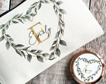Personalised Name and initial Geometric Greenery Heart Design Linen style Fabric Make up Bag Birthday gift for her mum sister friend