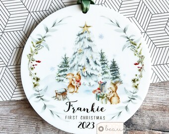 Personalised First Christmas gift Woodland scene Rabbit Tree Acrylic or ceramic Round Ornament Keepsake Tree Decoration Child boy girl gift