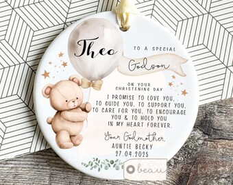 Personalised Promise to Godchild Christening Baptism Gift Baby Godson Grandson Nephew Boy Teddy Bear Balloon Star Hanging Ornament Keepsake