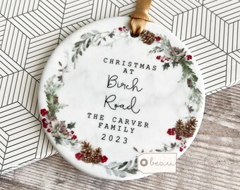 Personalised Christmas Gift at Address Home Gift Holly Foliage Wreath Design Ceramic or Acrylic Round Ornament Keepsake