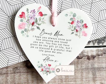 Personalised Bonus Mum Mom Stepmum stepmom Like a mum Thank you wildflower Greenery Acrylic heart Ornament Mother’s Day Birthday Keepsake