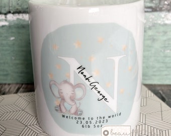 Personalised Baby Boy Girl Gift Welcome to the world Blue Pink Grey Green Elephant Design Home Quote Ceramic Money Coin Box