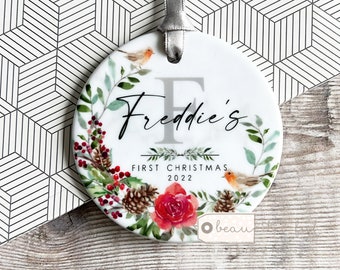 Personalised First Christmas Baby Boy Girl gift Robin Greenery leaf Design Ceramic or Acrylic Round Ornament Keepsake
