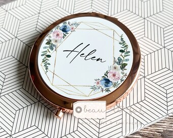 Personalised Name and initial Dusky Blue Pink Floral Greenery Round Rose Gold Silver Compact Pocket Mirror Keepsake Bridesmaid Gift