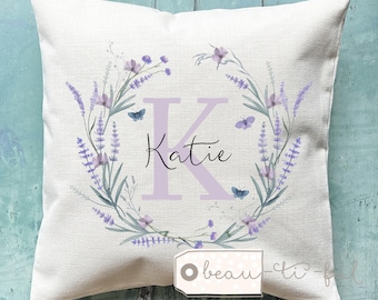Personalised Name and initial Lilac Wildflower Lavender Floral Design Home Quote Linen Style Cushion cover