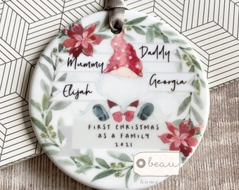 Personalised First Christmas as a family Mummy Daddy New Baby Santa Gnome Signpost Design Ceramic or Acrylic Round Ornament Keepsake