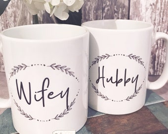 Hubby Wifey Mr Mrs Newlywed Gift Couple Wedding Gift Mugs  Black and white Design Ceramic Mug - Tea mug - coffee Mug - Gift mug